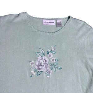 Vintage Alfred Dunner Mint Green Floral Embroidered Short Sleeve Sweater L